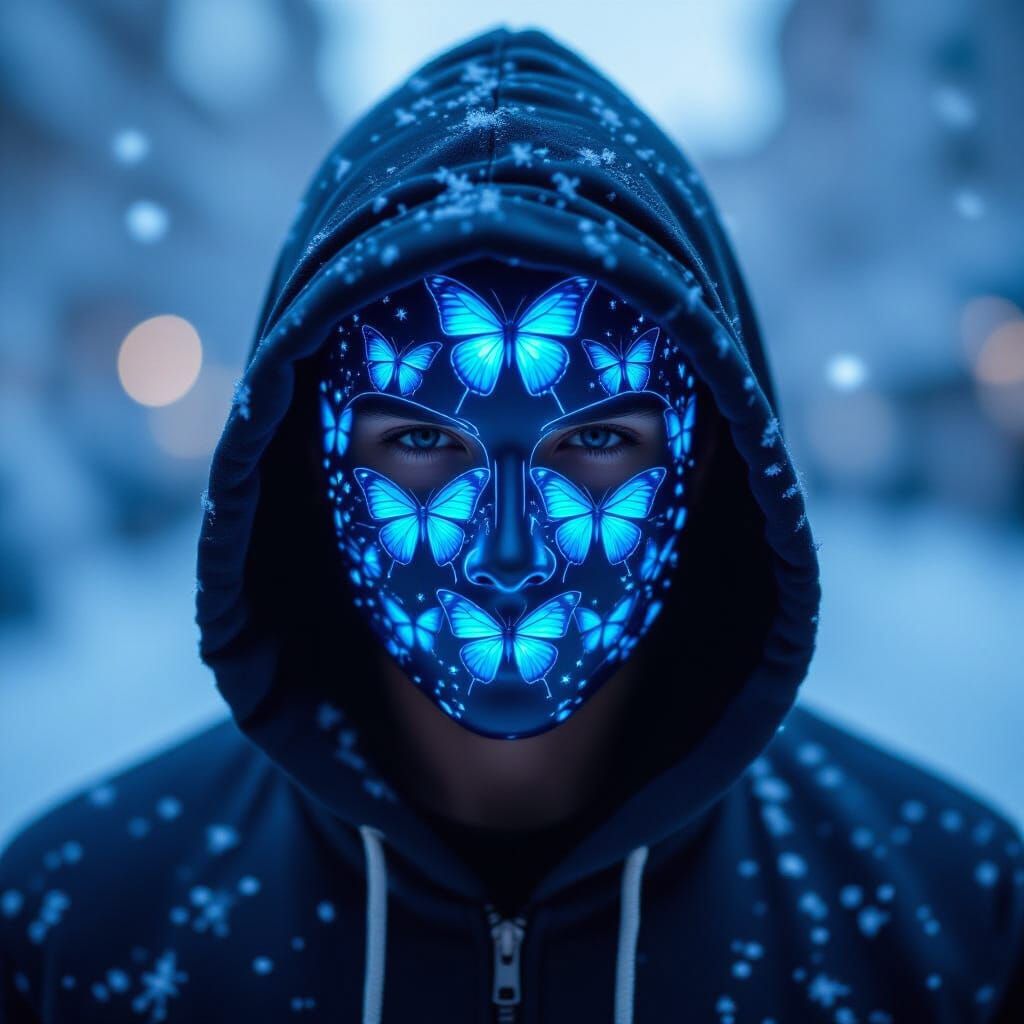 Mysterious Figure with Butterfly Mask and X-Ray Glow