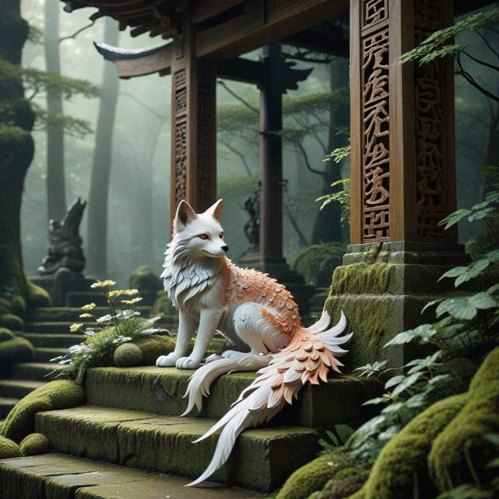 Serene Kitsune Shrine Amidst Whimsical Japanese Fantasy