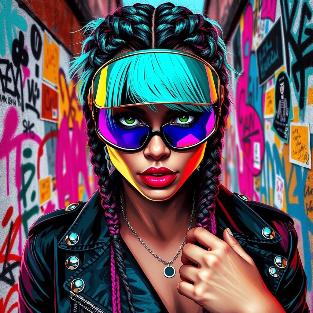 Gritty Cyberpunk Portrait of a Fierce Woman in Neon Hair