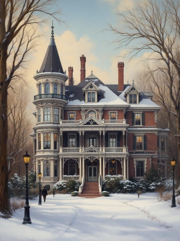 Elegant Victorian Mansion in Oil Painting