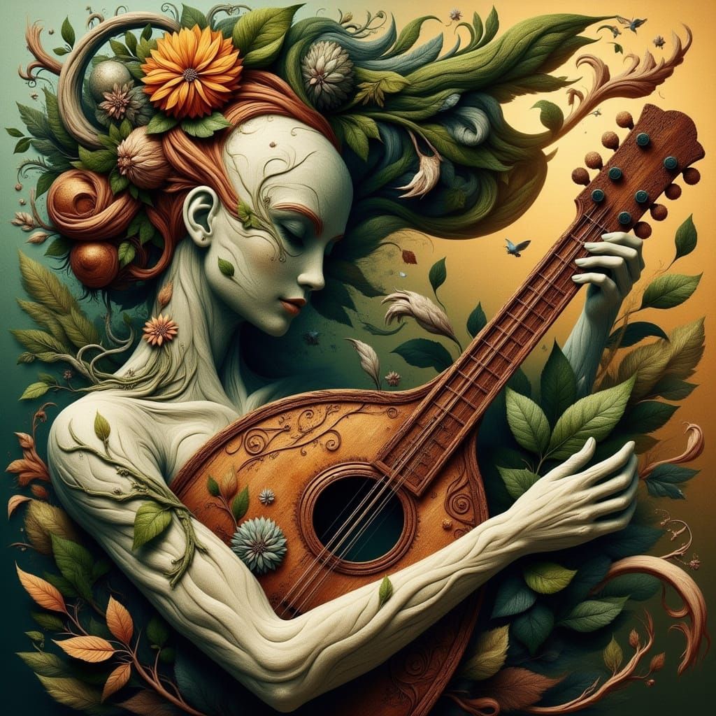 Girl with Mandolin in Vibrant Cubist Style