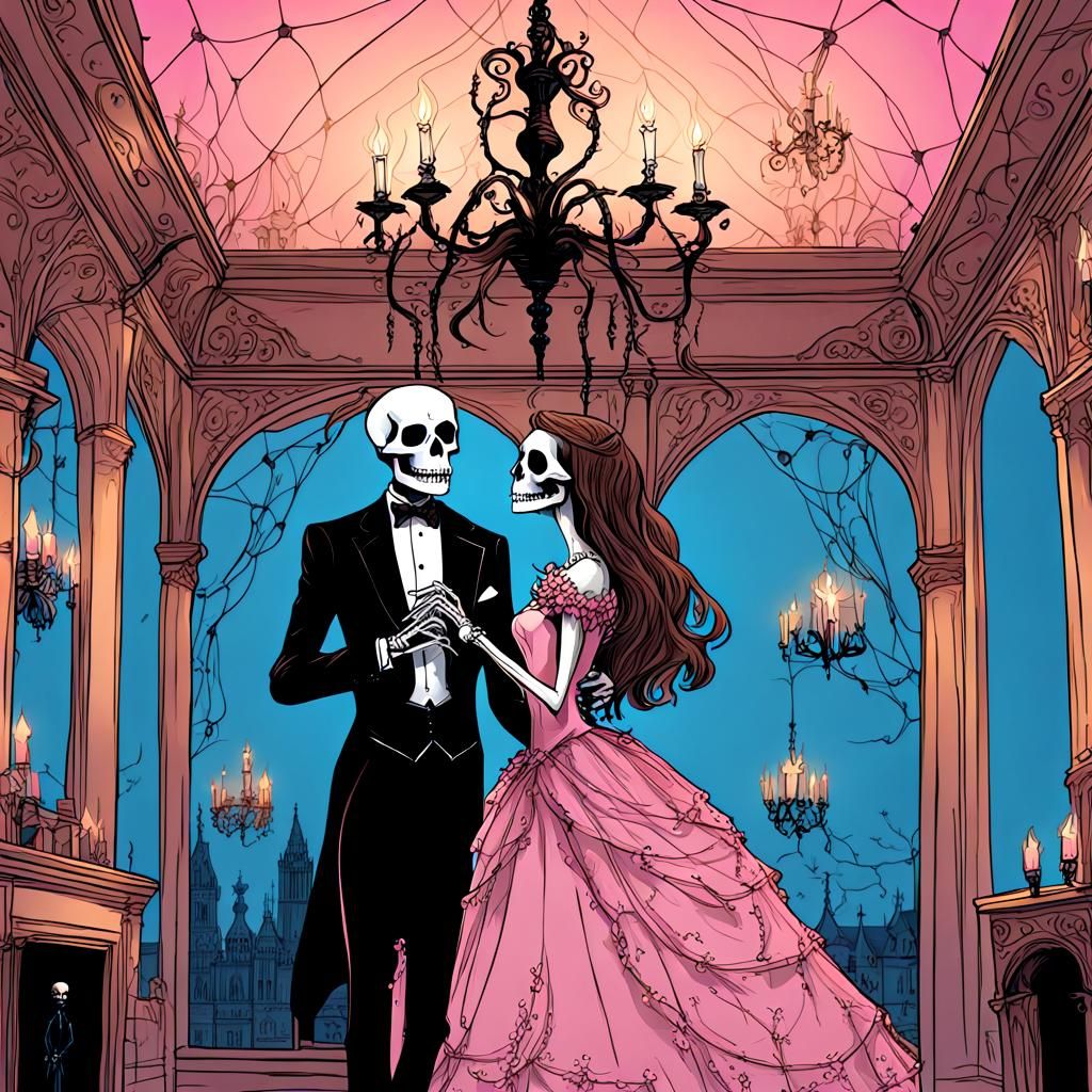Dancing Skeletons in Gothic Romantic Illustration