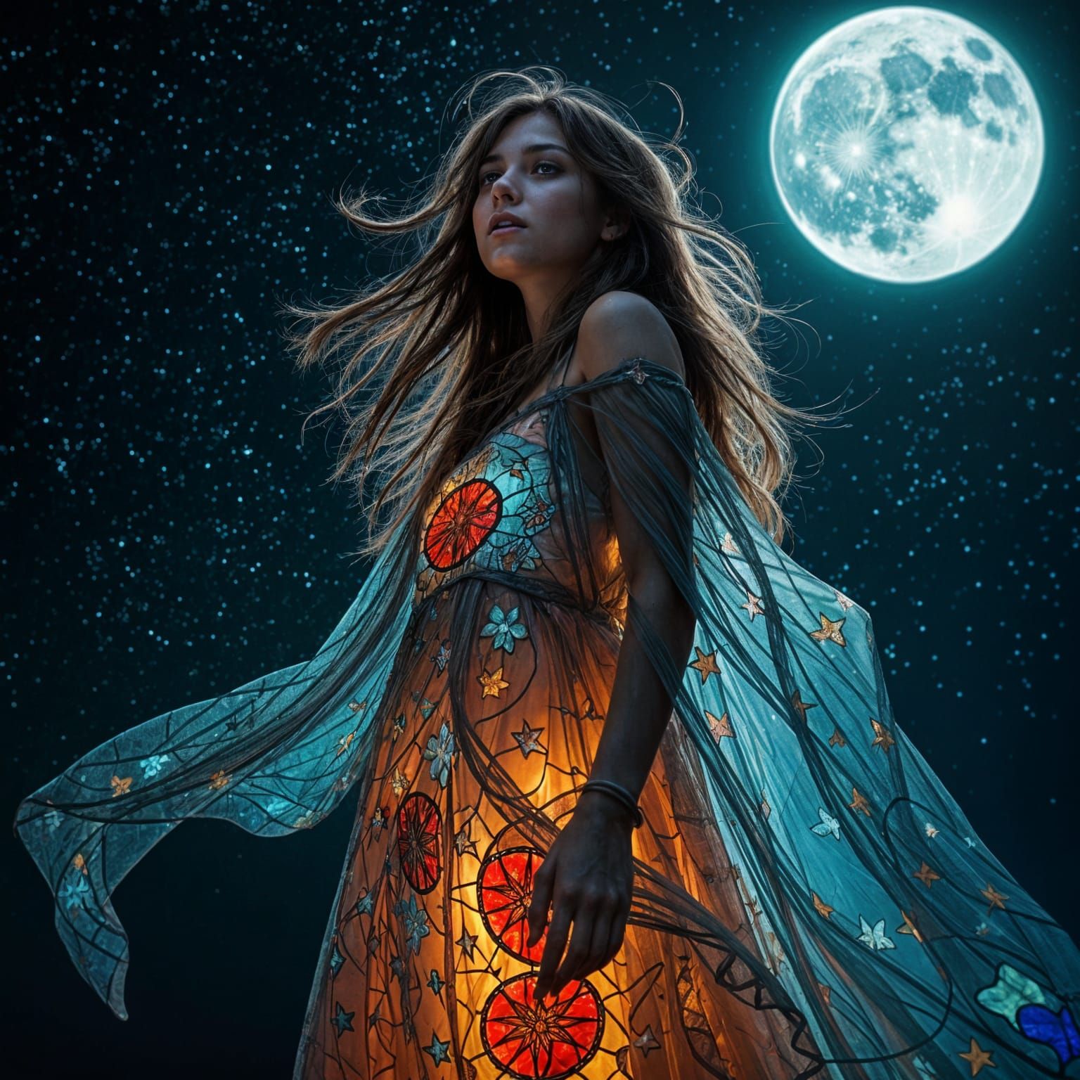 Ethereal Woman in Stained Glass Gown Under the Celestial Sky