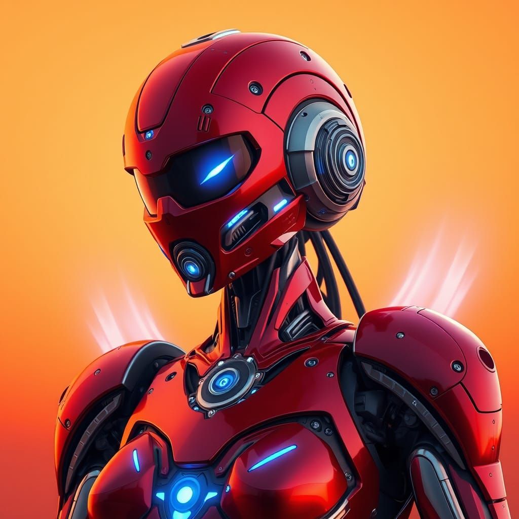 Heroic Red Female Robot against a Vibrant Sunset Background