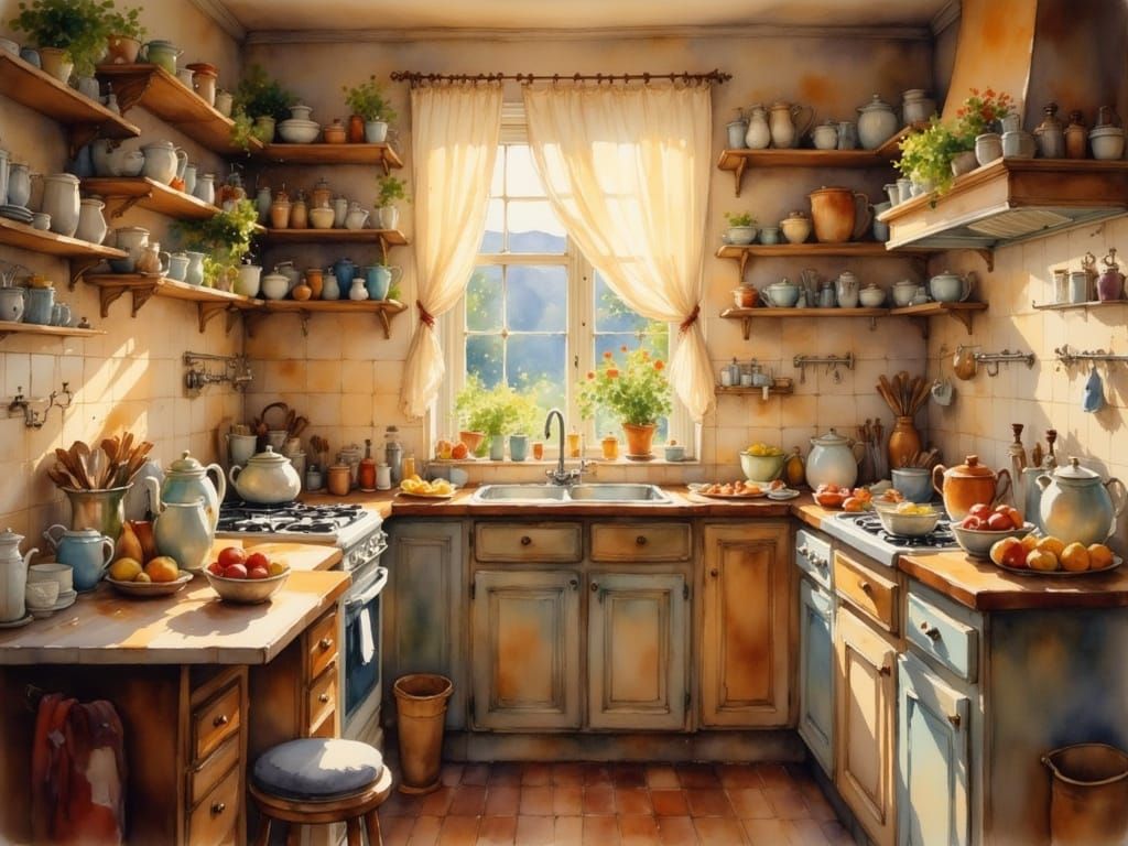 <lora:Like a painting:1.0> A tidy cozy kitchen lit by evening light, a kitchen scene focused on warmth, balance, and cal...