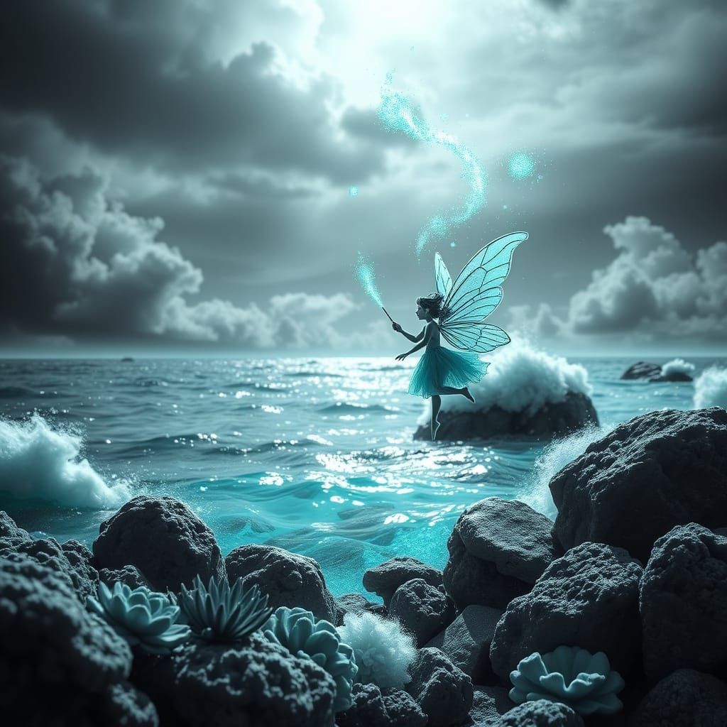 Magical Turquoise Fairy Transforms Ocean Scene