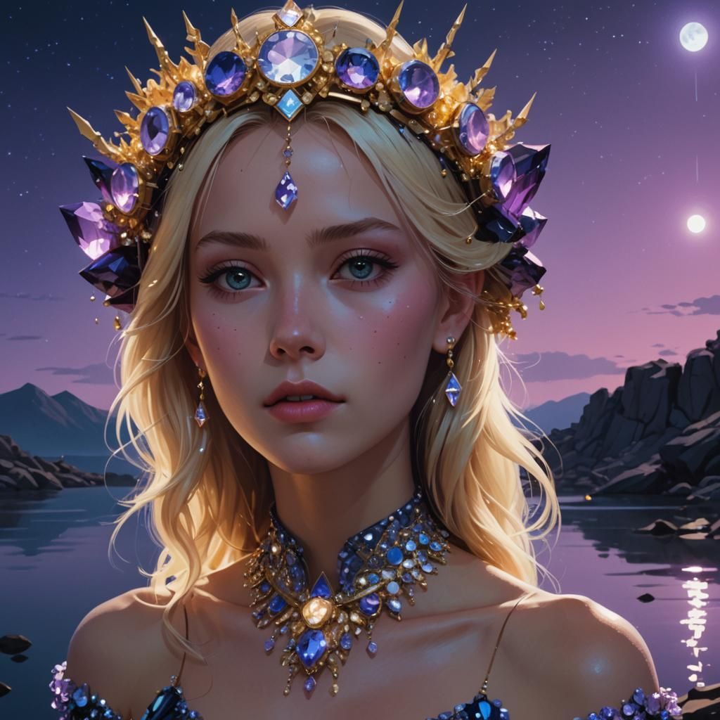 Anime Woman with Bejeweled Headpiece under Starlight