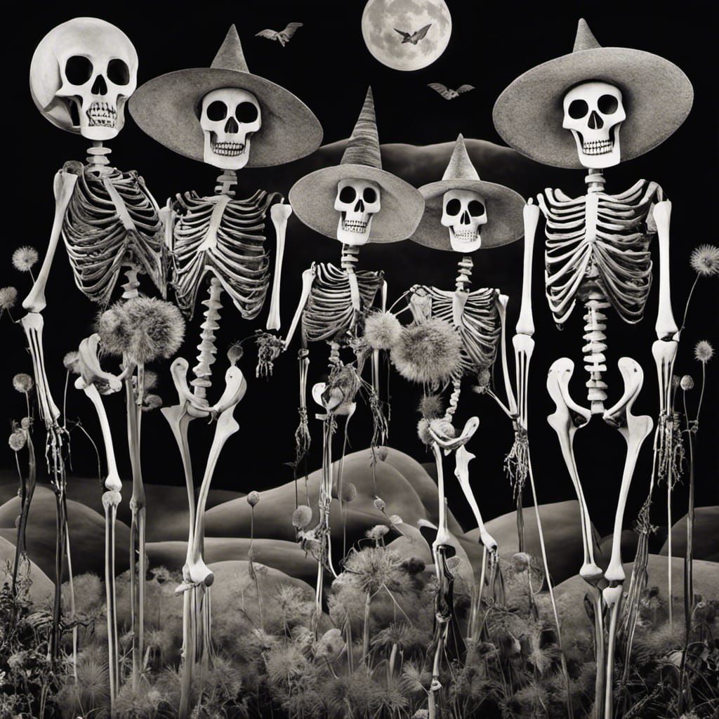 Witches  and Spooky Jack O Lantern  headed skeleton  men, sppoky Halloween family in a Million Dandelion dreamscape, Sal...