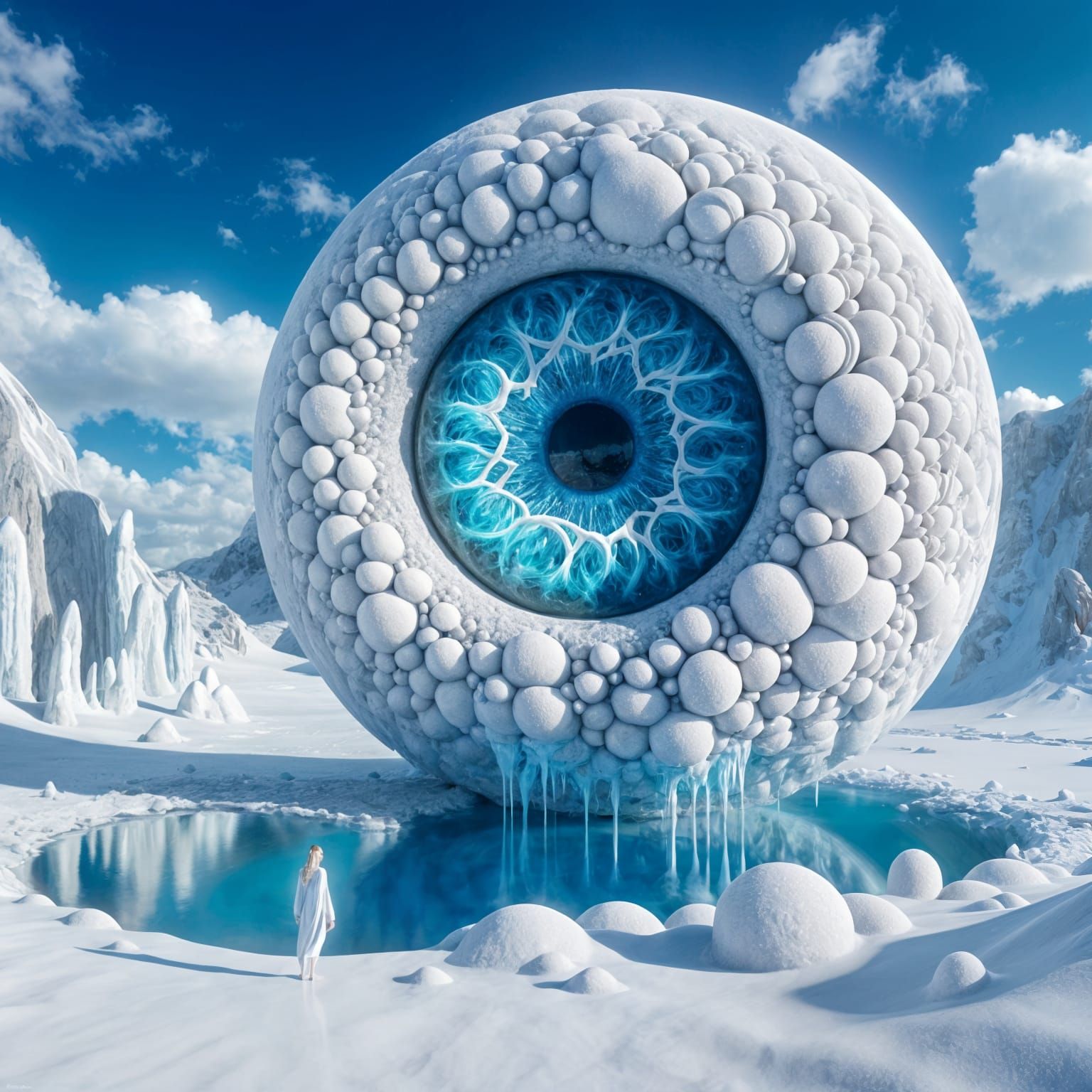 Surreal Eye Sculpture in Winter Landscape: Digital Art