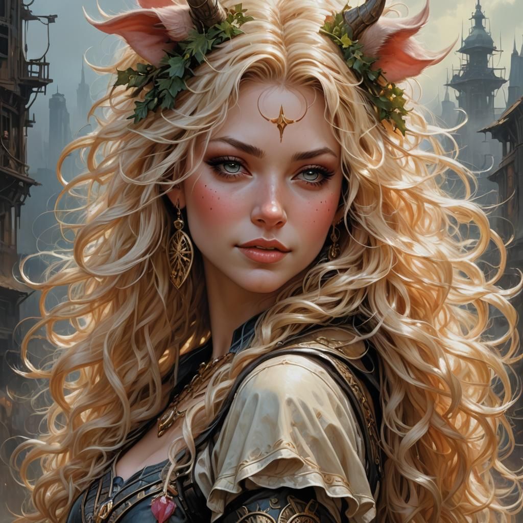 Adorable Pig-Faced Girl in Post-Apocalyptic Acrylic Painting