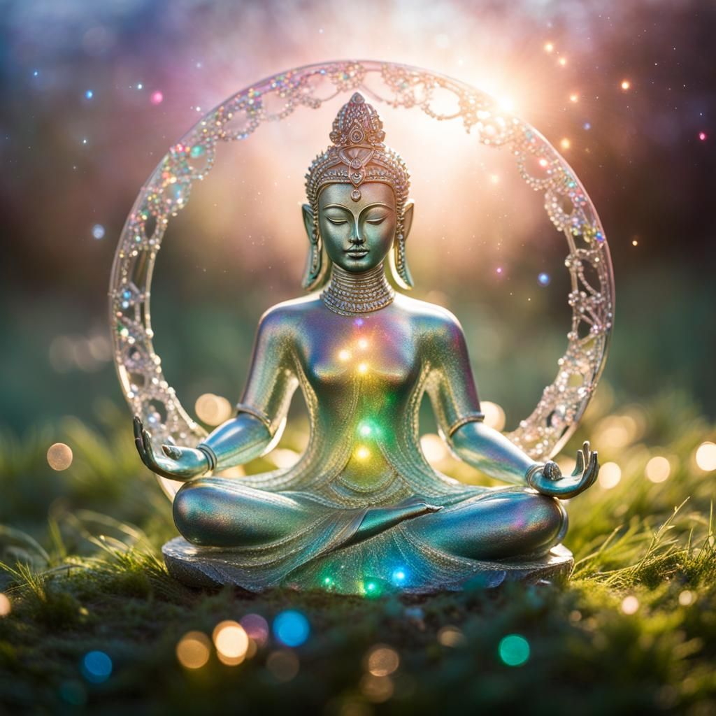 Iridescent Namaste Figure in Cosmic Space