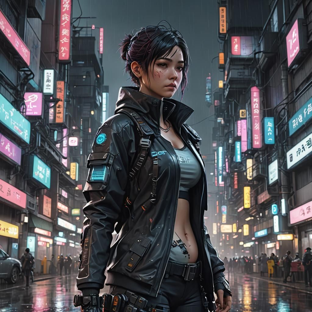 Pregnant Sci-Fi Protagonist in Cyberpunk City