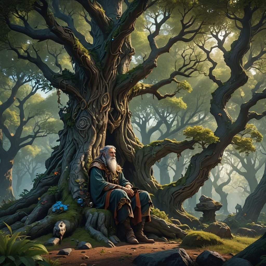Druid Under Tree: Detailed Matte Painting