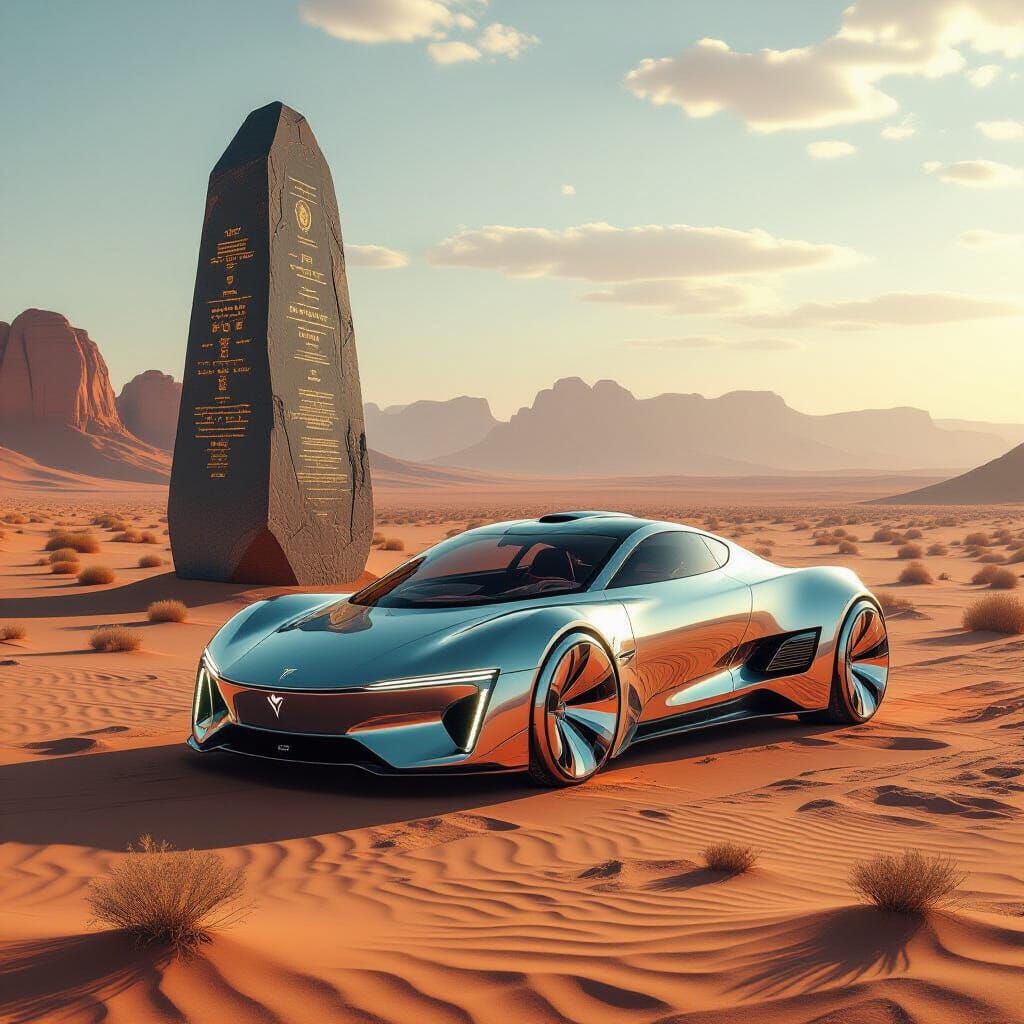 Futuristic Alien Car Hovering Over Desert Landscape