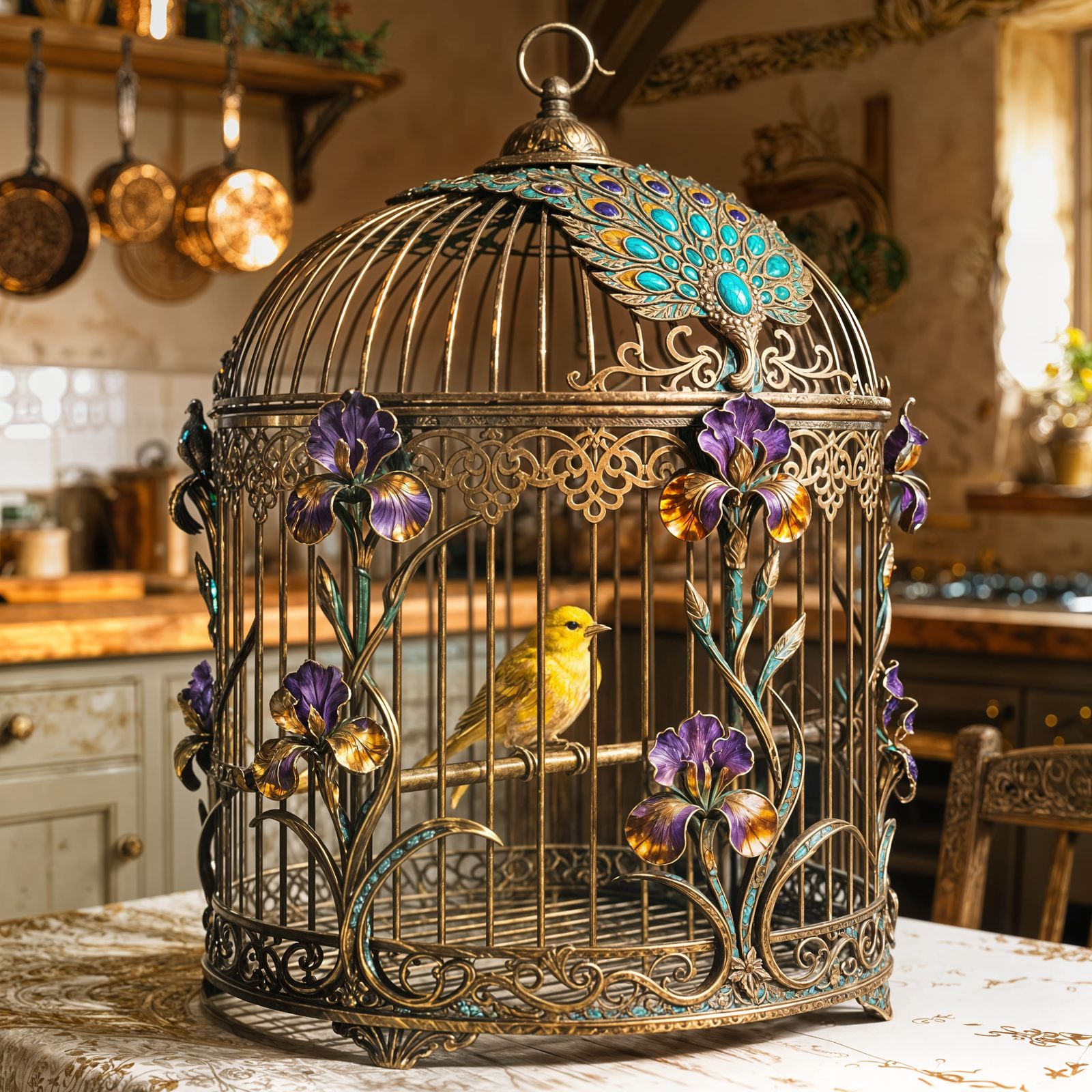 Ornate Art Nouveau Birdcage with Peacock Motif