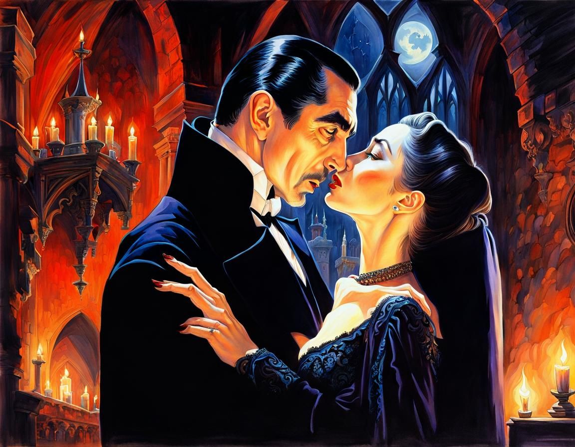 Candlelit scene Bela Lugosi as Count Dracula biting a woman's neck by candlelight in his castle