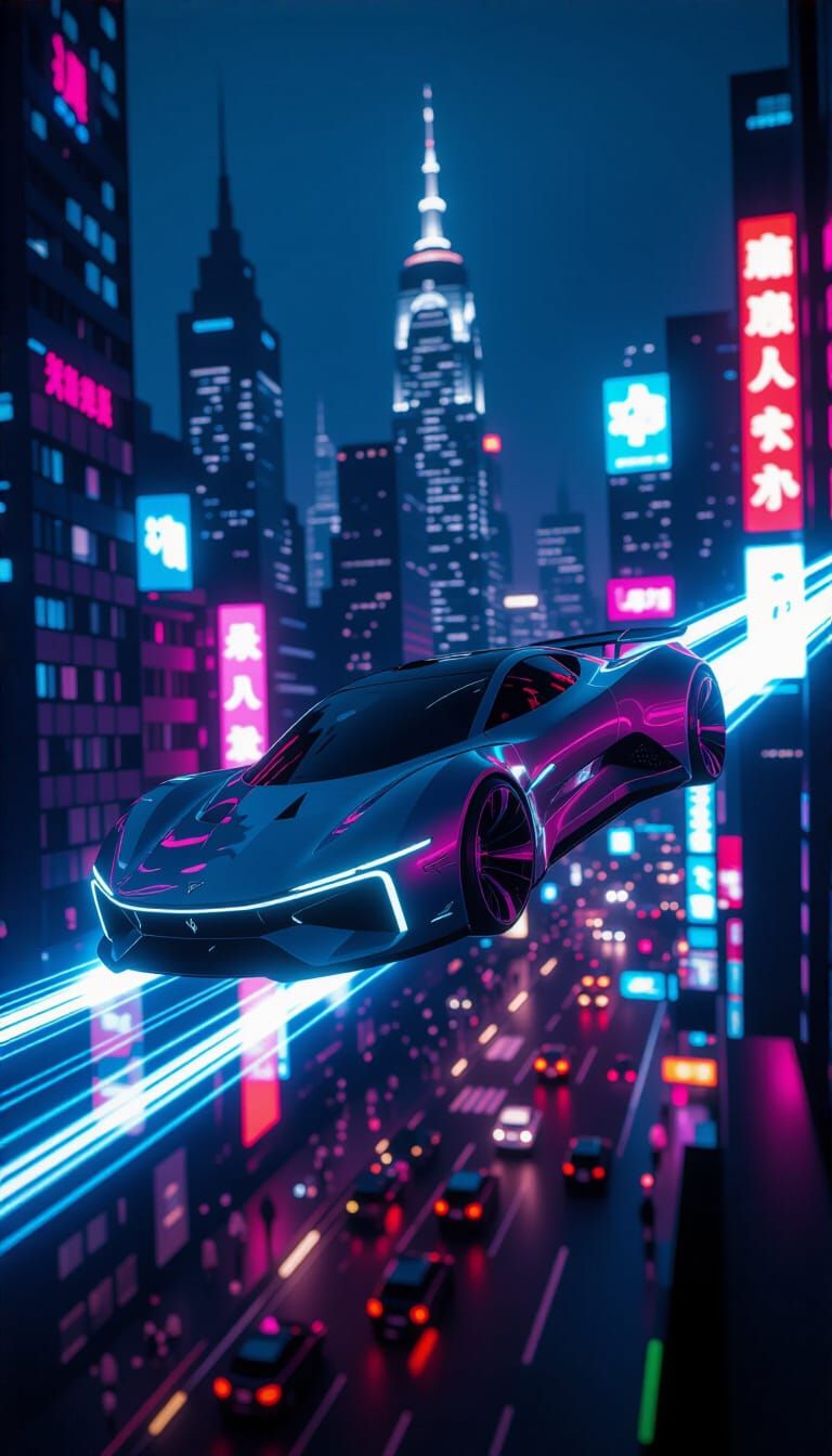 Futuristic Car Over Neon City in Retro-Futurism Style