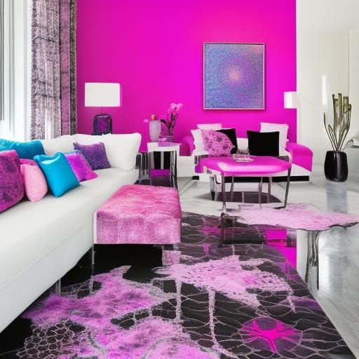 Magenta pink fractals penthouse with magenta pink walls with fluorescent purple accents& cobalt blue accents& Silver acc...