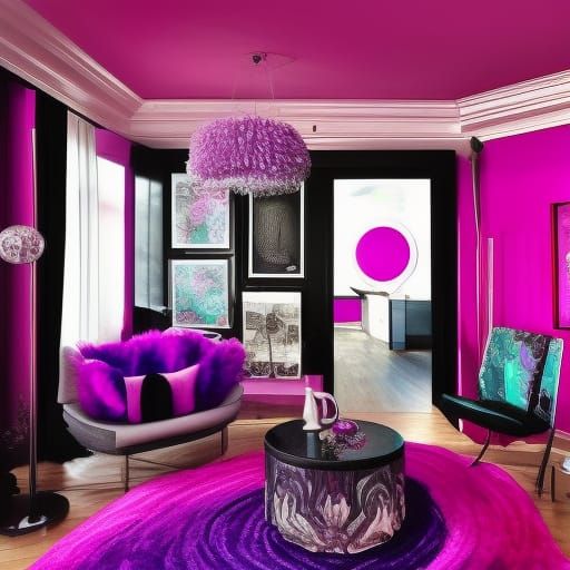 Magenta pink fractals penthouse with magenta pink walls with fluorescent purple accents& cobalt blue accents& Silver acc...