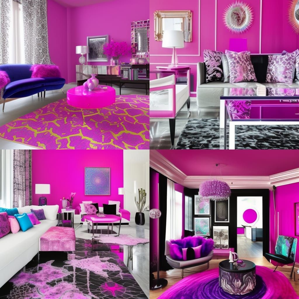Magenta pink fractals penthouse with magenta pink walls with fluorescent purple accents& cobalt blue accents& Silver acc...