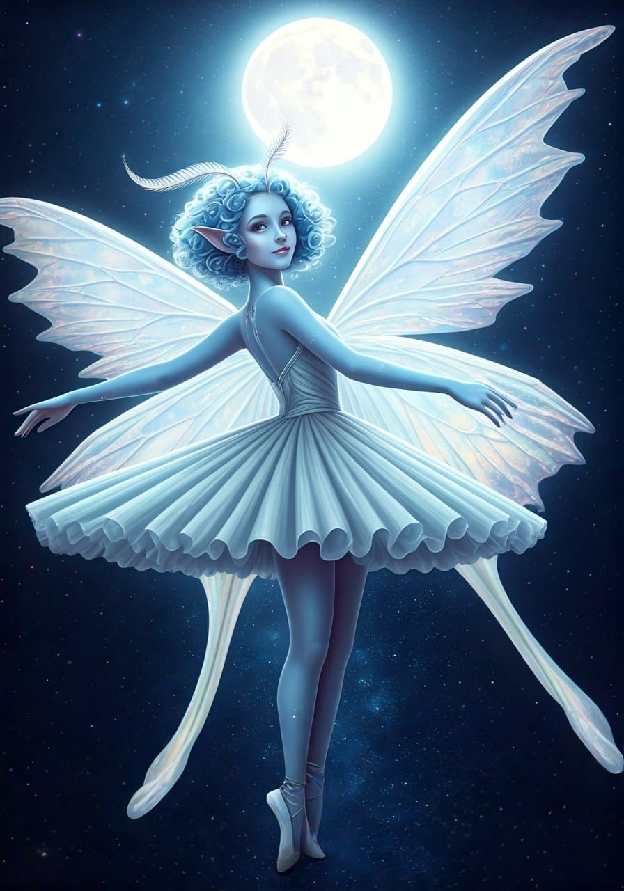 Icy Fairy Dances with Luna Moth in Starry Sky