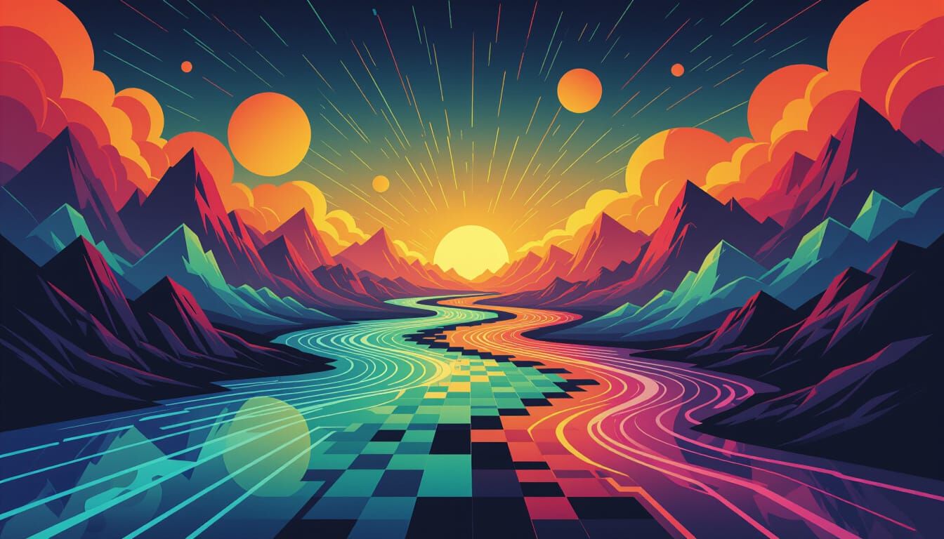 Surreal Abstractionist Landscape with Neon Rivers and Crysta...