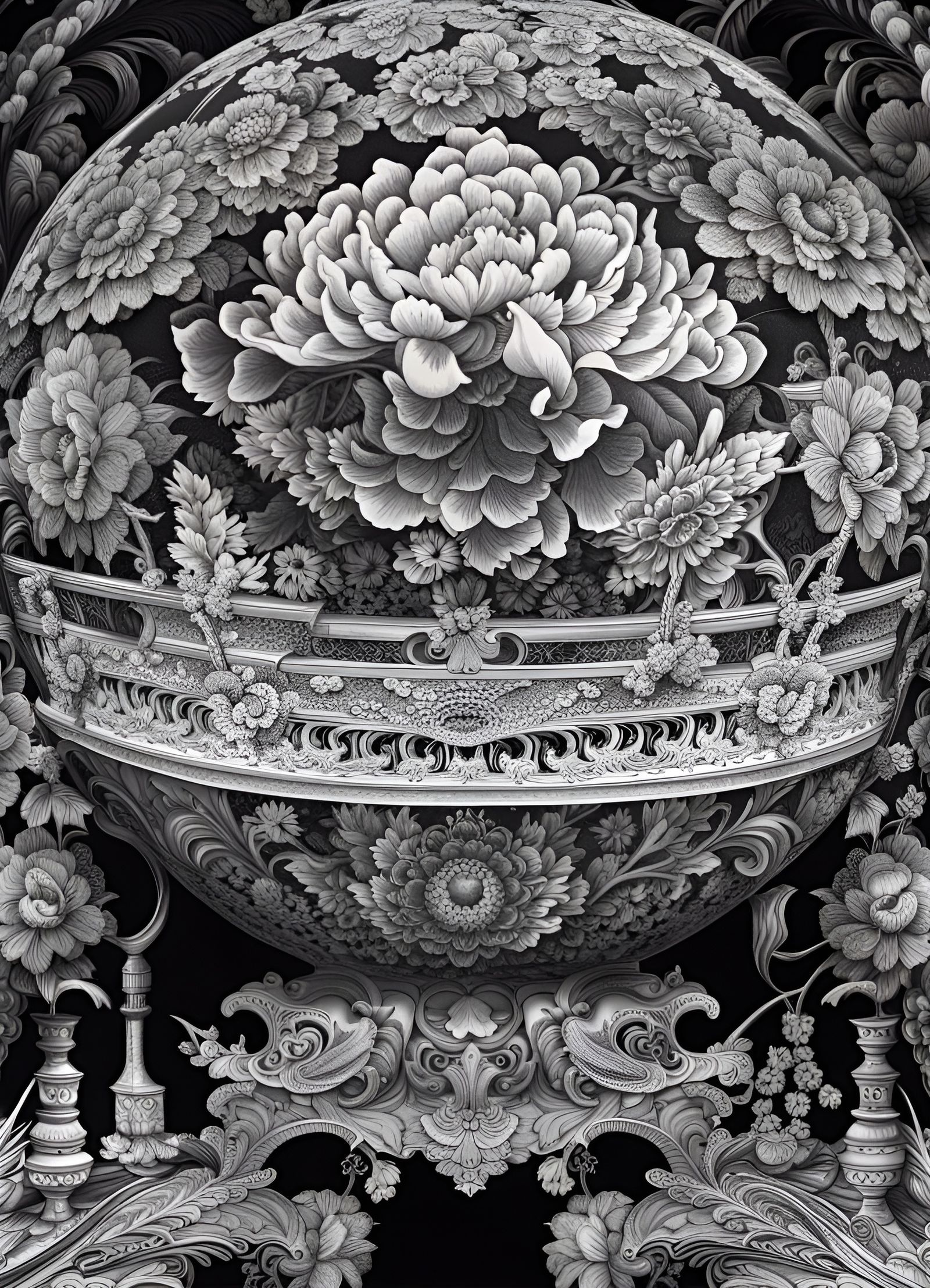 Detailed Ink Drawing of a Peony Orb