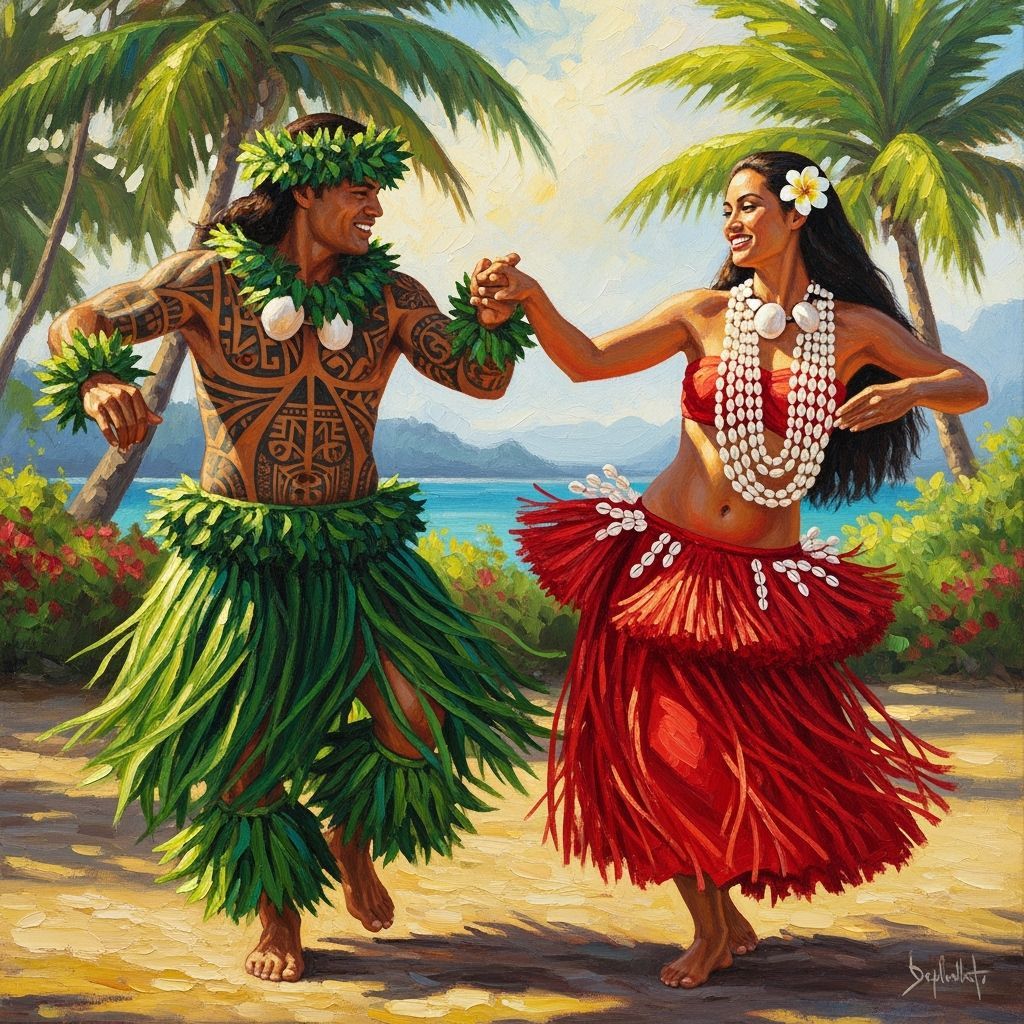 Tahitian Dancers in Oil Painting with Polynesian Tattoos