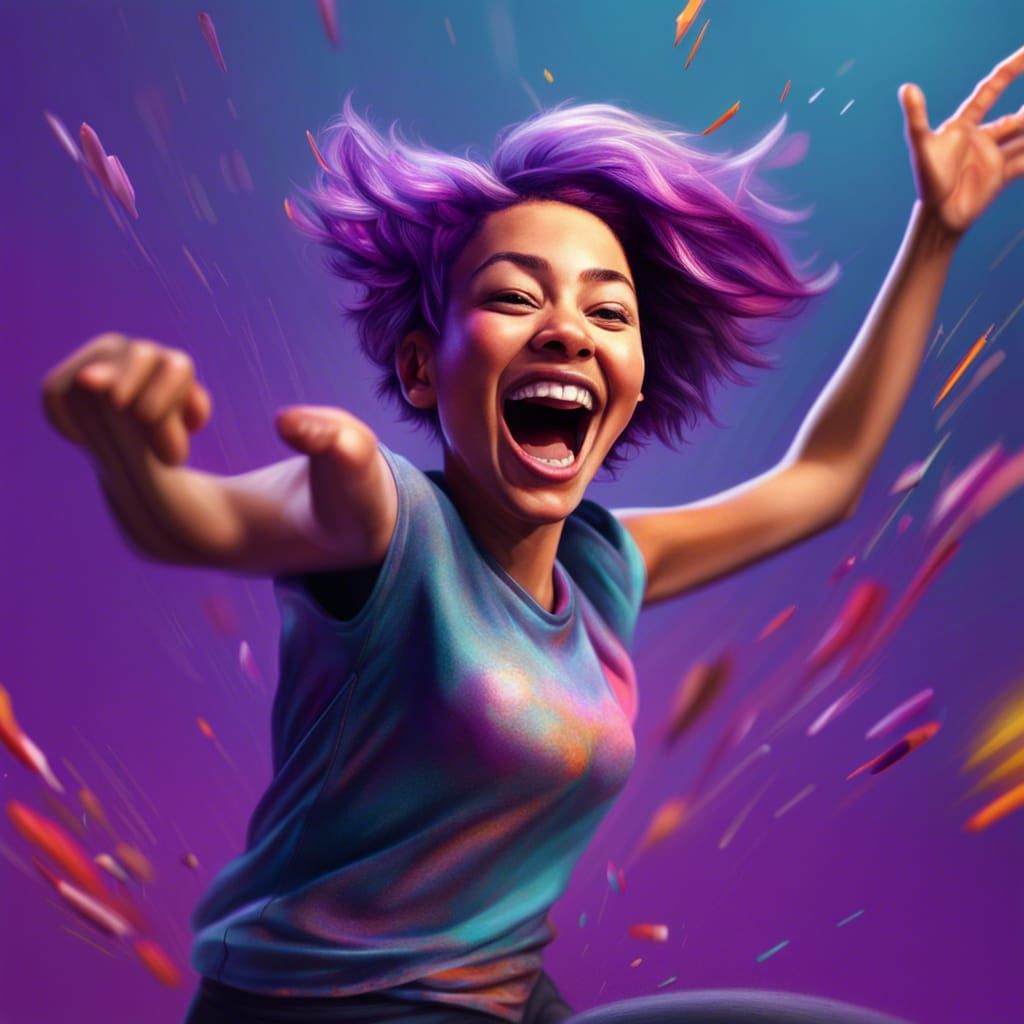 Hyperrealistic Portrait of Smiling Person with Purple Hair