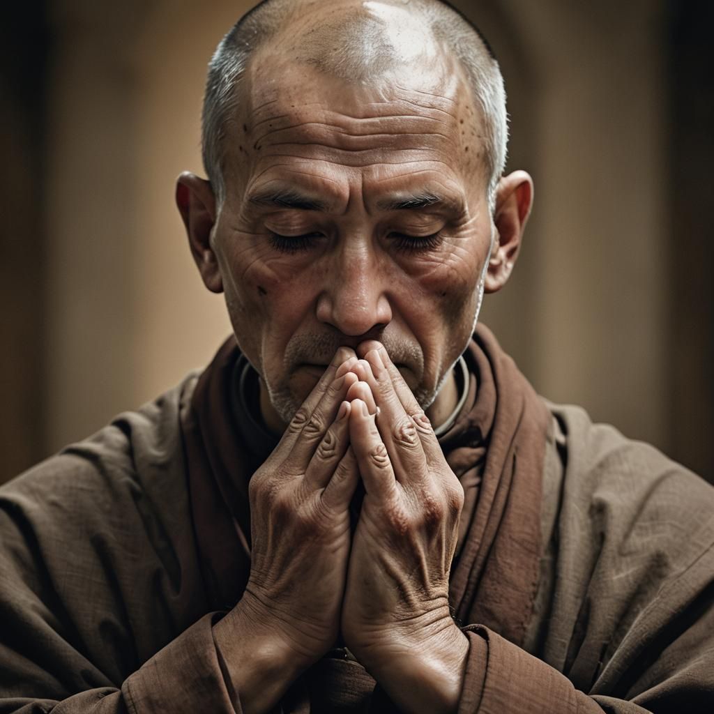 Monk Praying in Church: Contemporary Photography Masterpiece