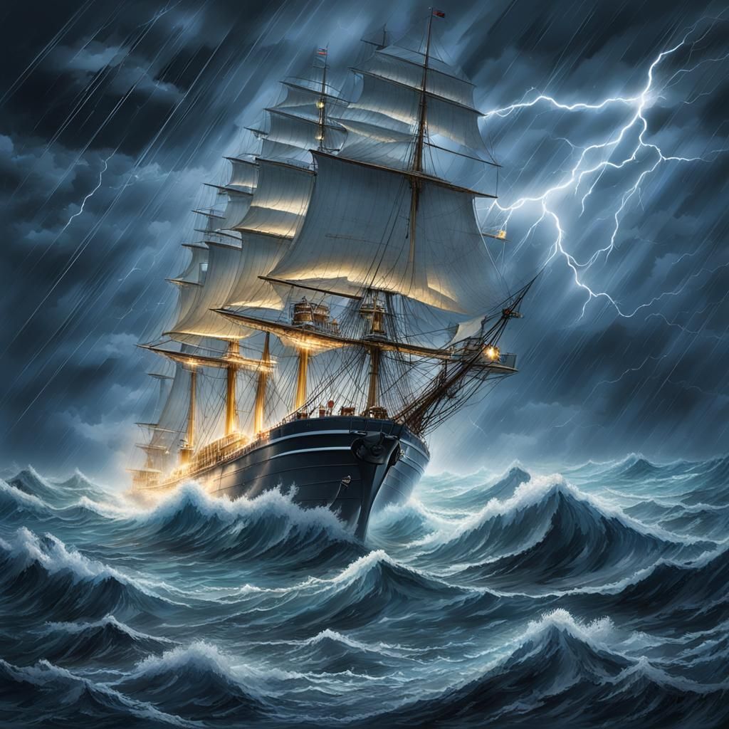 Ship Caught in a Violent Night Sea Storm