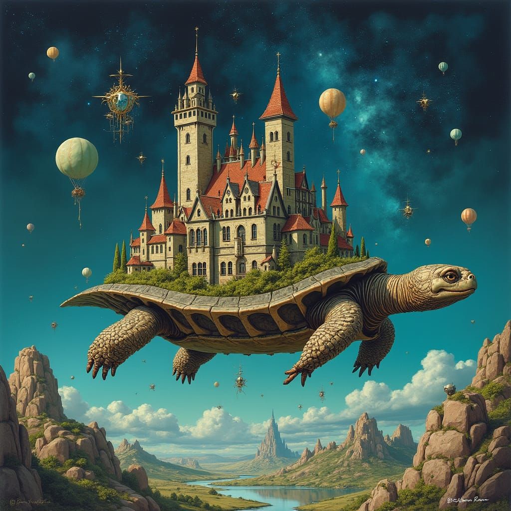 Medieval Cityscape on a Space-Faring Turtle under Starry Ski...