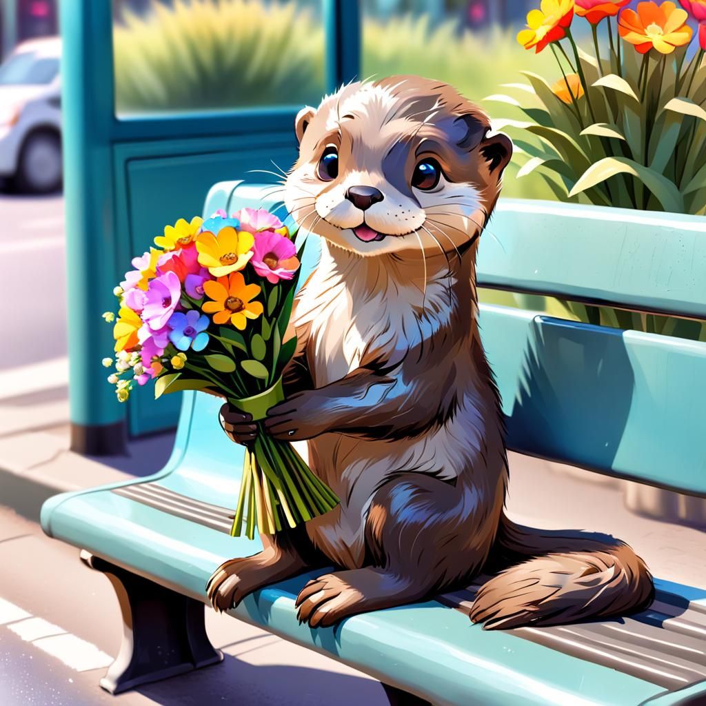 waiting at a bus stop bouquet of flowers for his girl