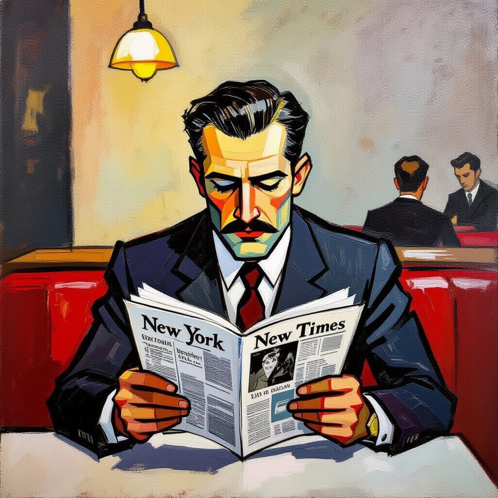 Man Reads Sputnik Report: Expressionist Impasto Painting