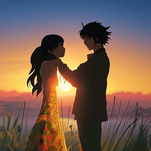 Romantic Silhouette Hug at Sunset: Anime Key Visual