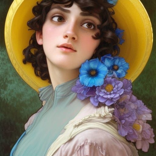 Detailed Portrait of Woman with Flower Hat