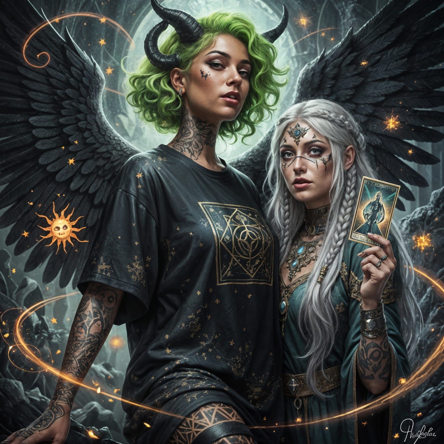 Gothic Woman with Neon Hair and Crow Wings