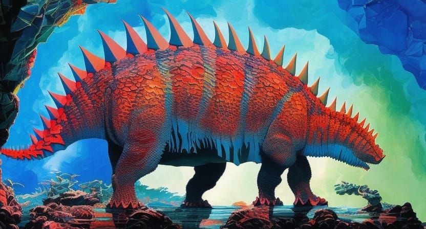 Stegosaurus in Marbled Oil, Hyperdetailed Illustration