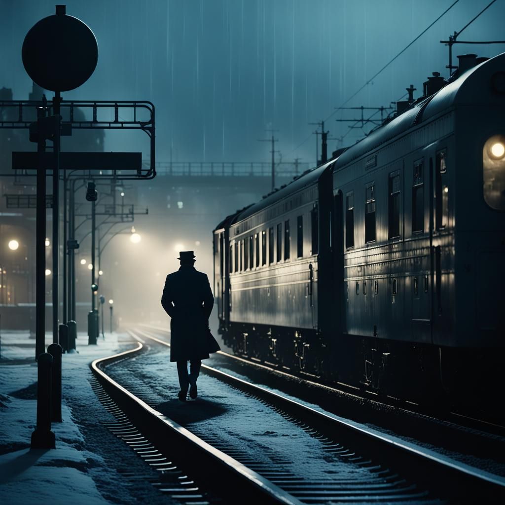 Noir Film Still: Lone Figure at Train Station