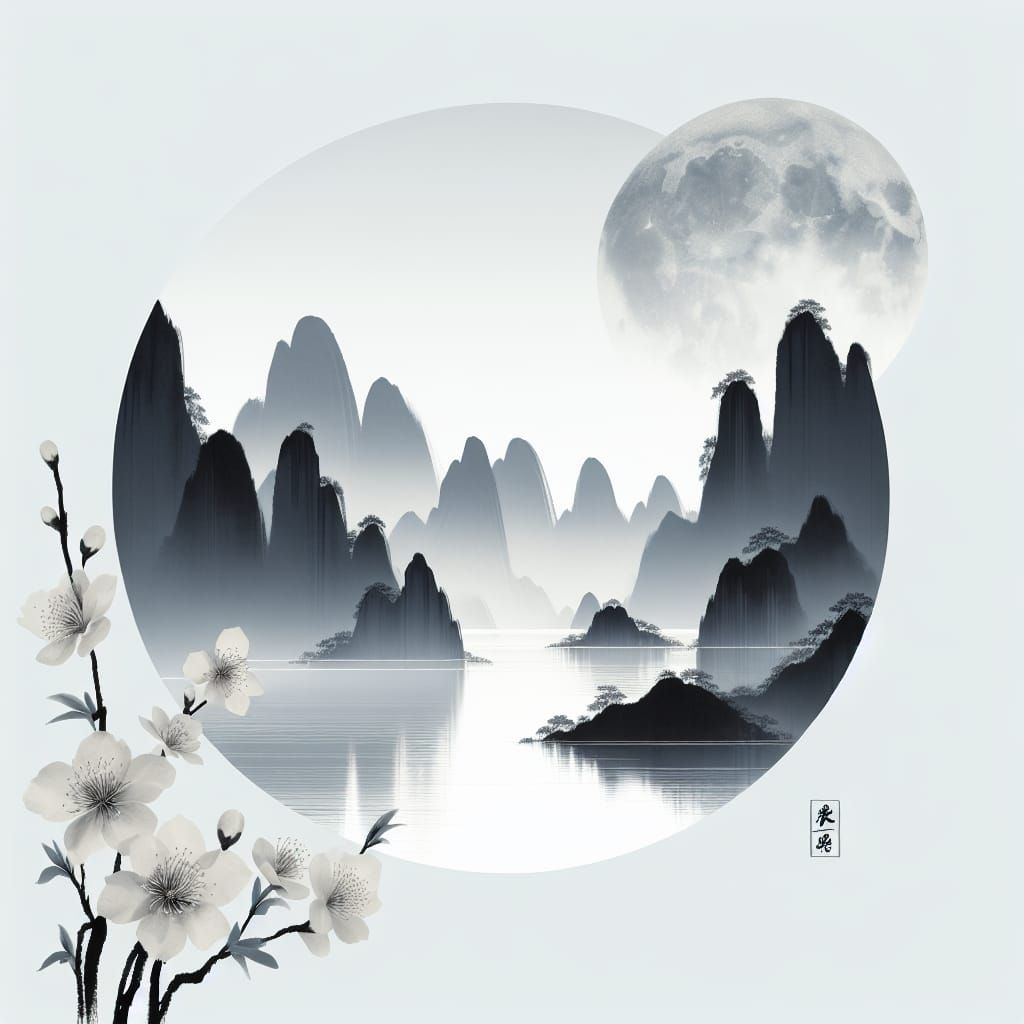 Minimalist Chinese Ink Painting of Surreal Landscape