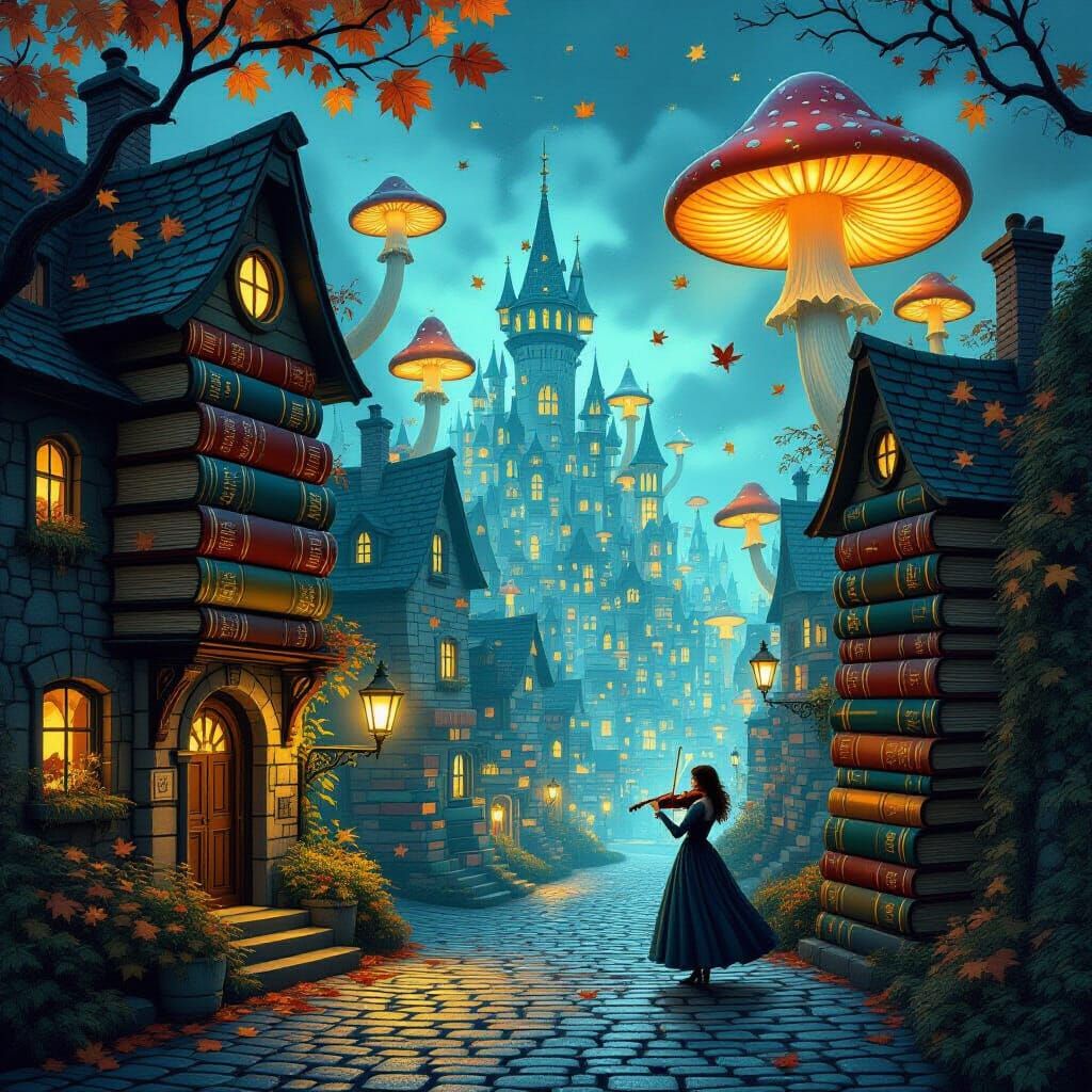 Whimsical Cityscape of Book Buildings and Spectral Music