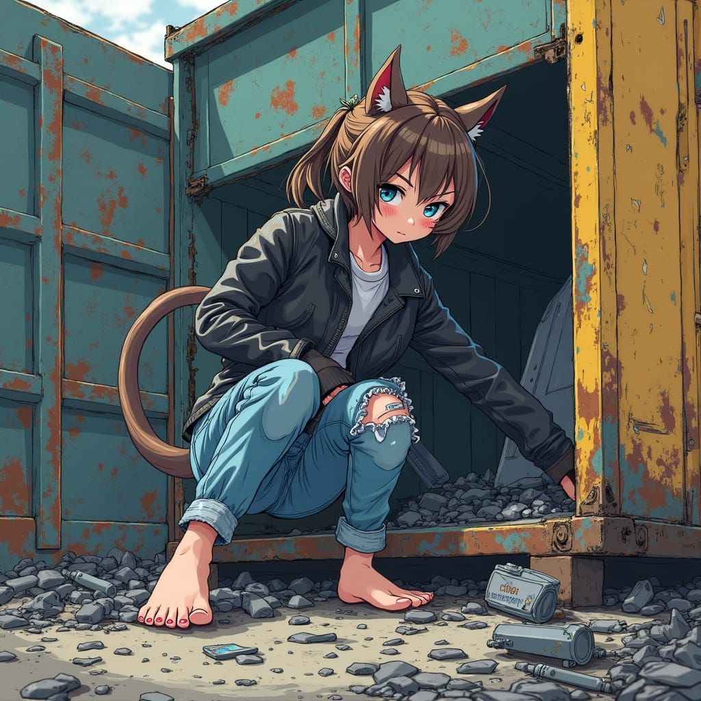 Anime Catgirl Scavenging for Scrap Metal