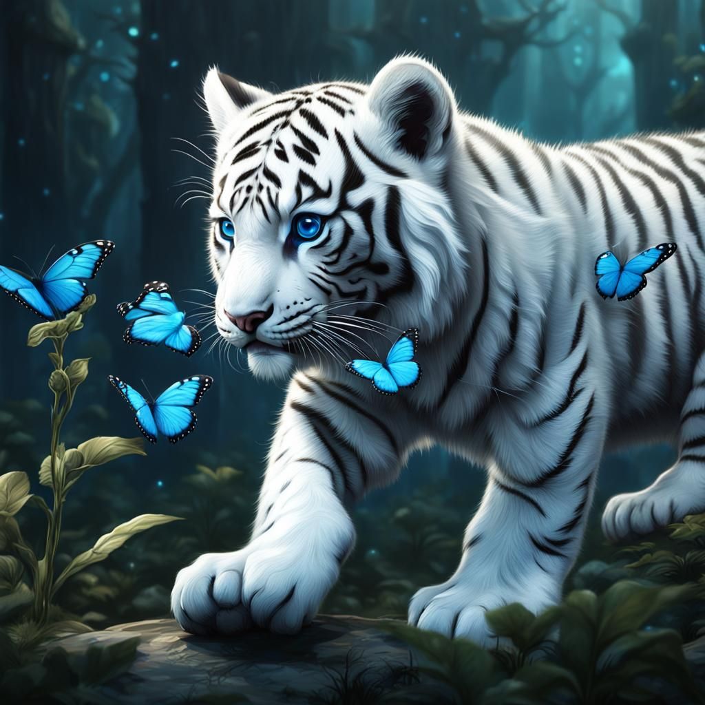 White Tiger Cub and Blue Butterfly: Fantasy Art