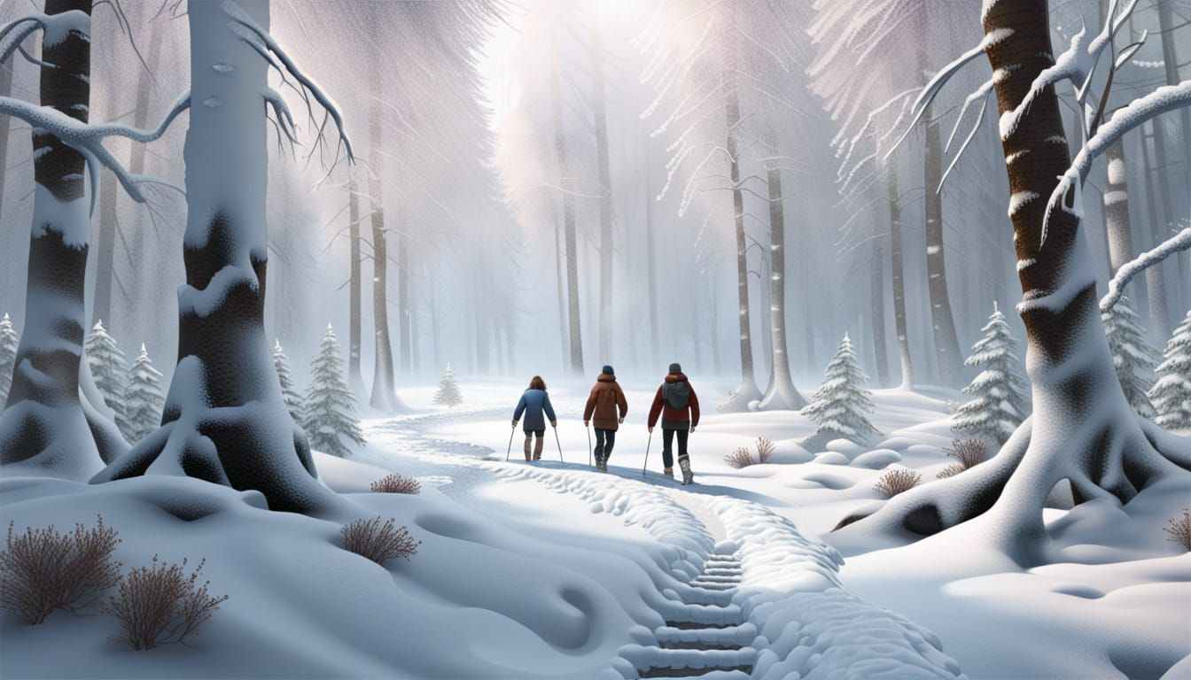 Realistic Winter Forest Scene with Snowshoers