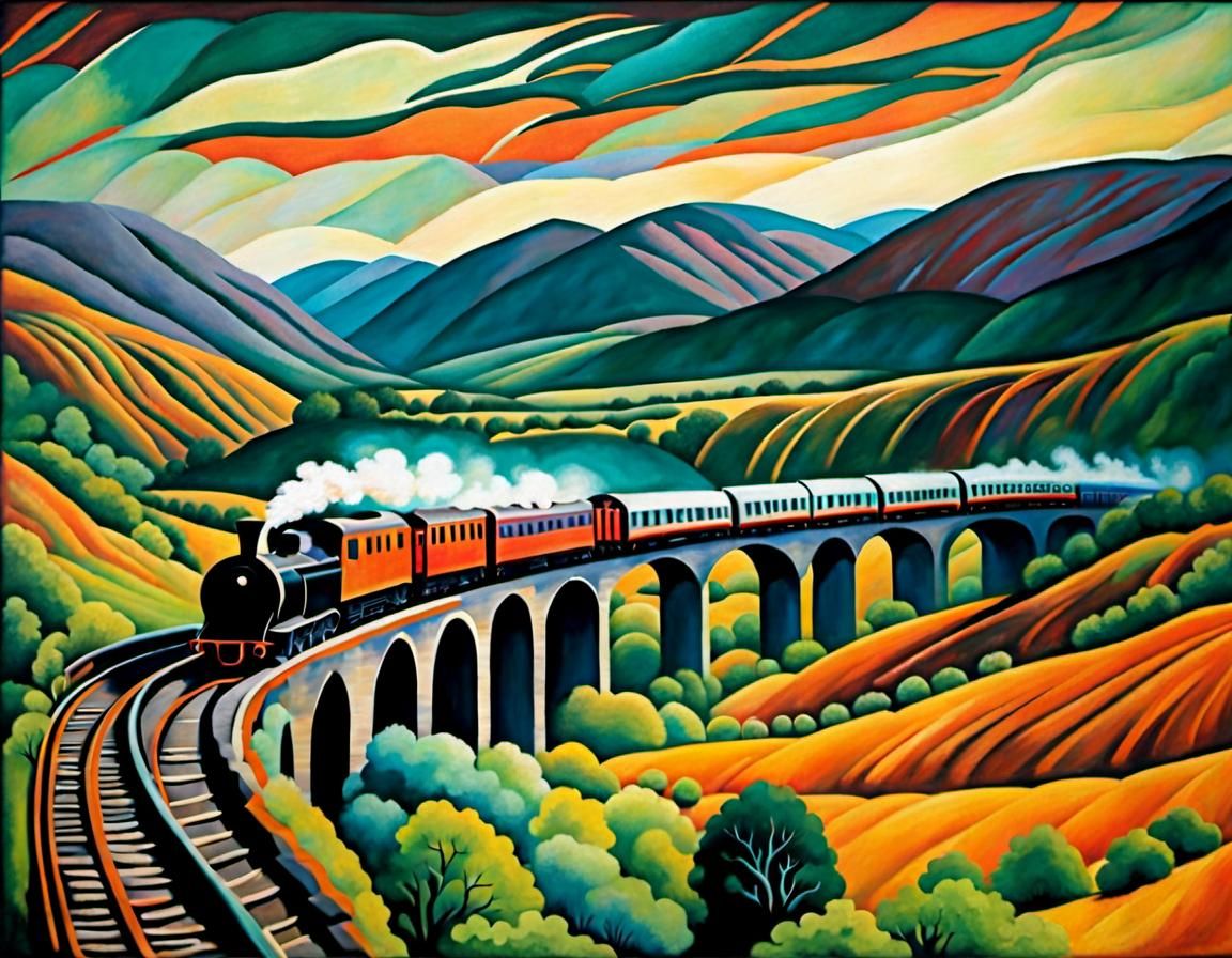 Steam Train on Glenfinnan Viaduct in Pastel Art Style