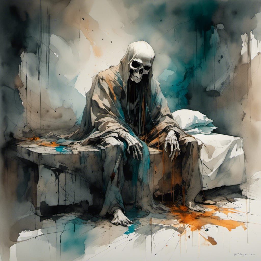 Headless Man in Bed: Magic Realism Watercolor