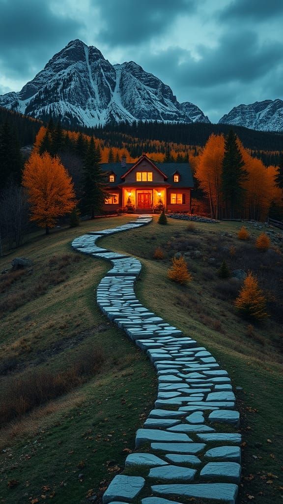 Mountain Path to a Glowing House in Autumn