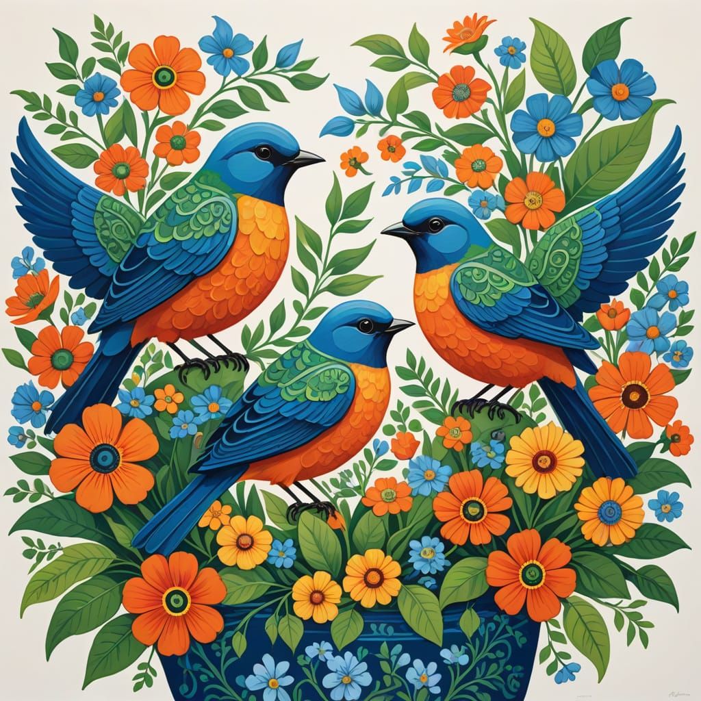 Colorful Illustration of Blue Birds and Floral Vase
