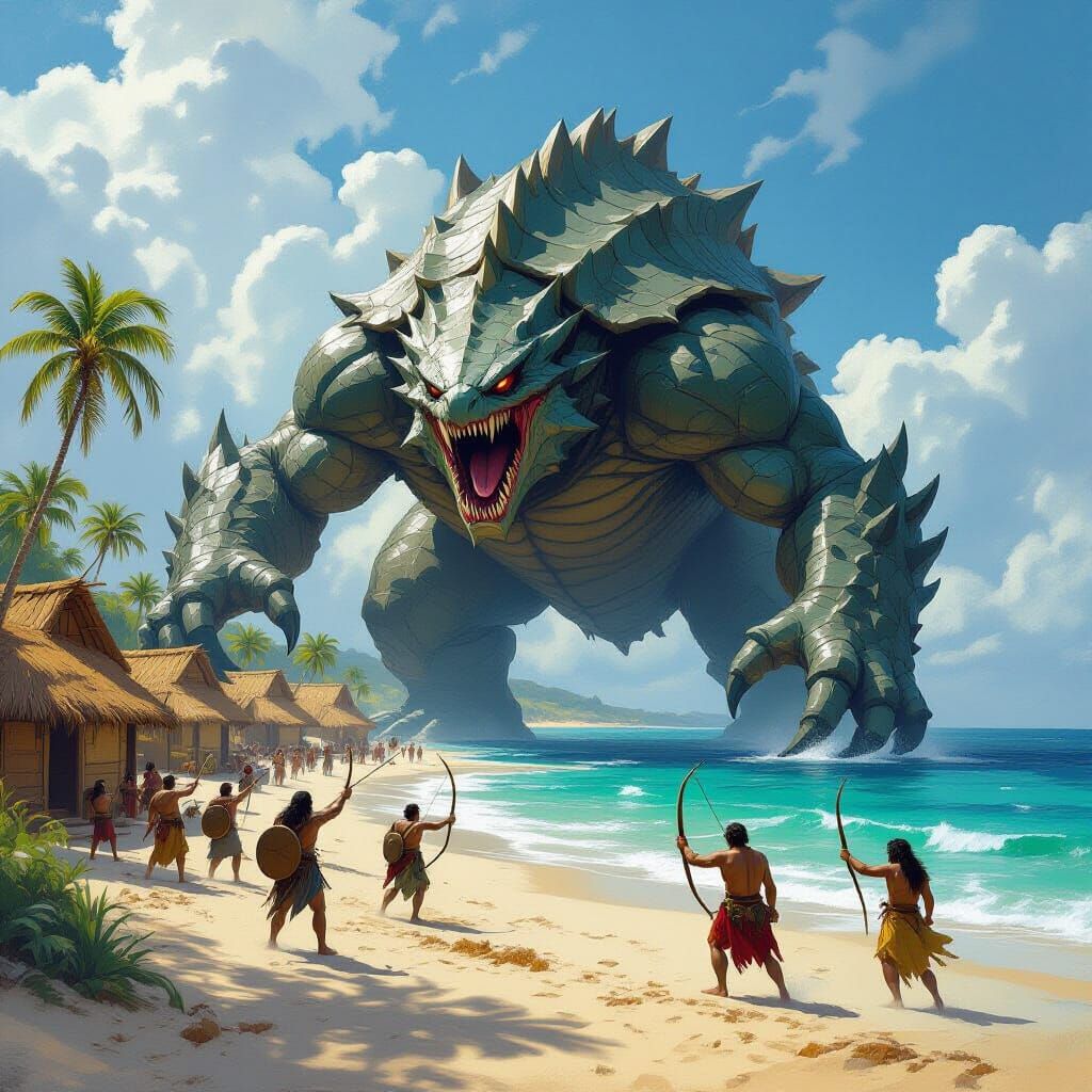 Colossal Crab Attacks Tropical Village in Dark Fantasy Style