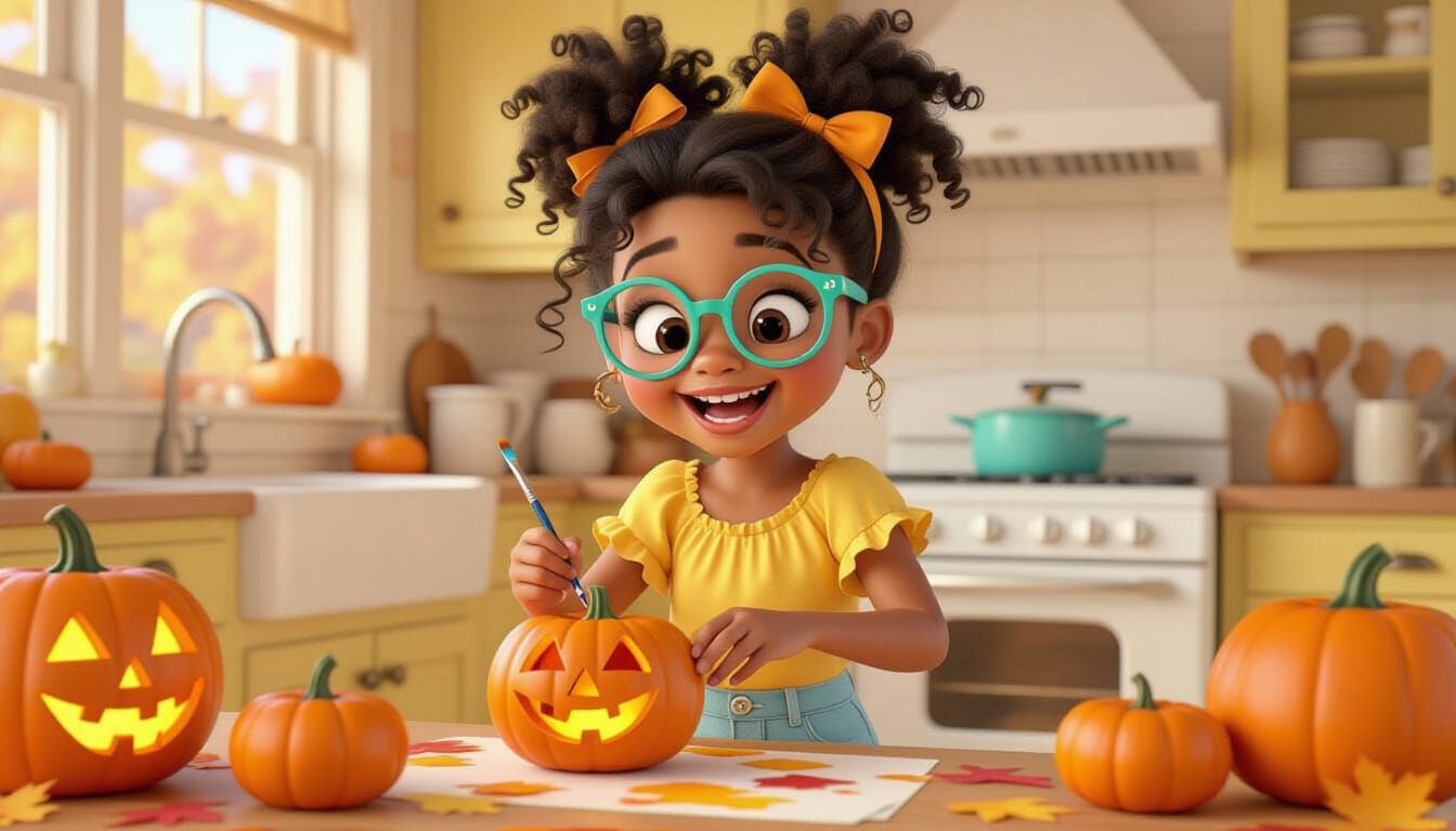 African American Girl Painting Pumpkins in Cozy Kitchen